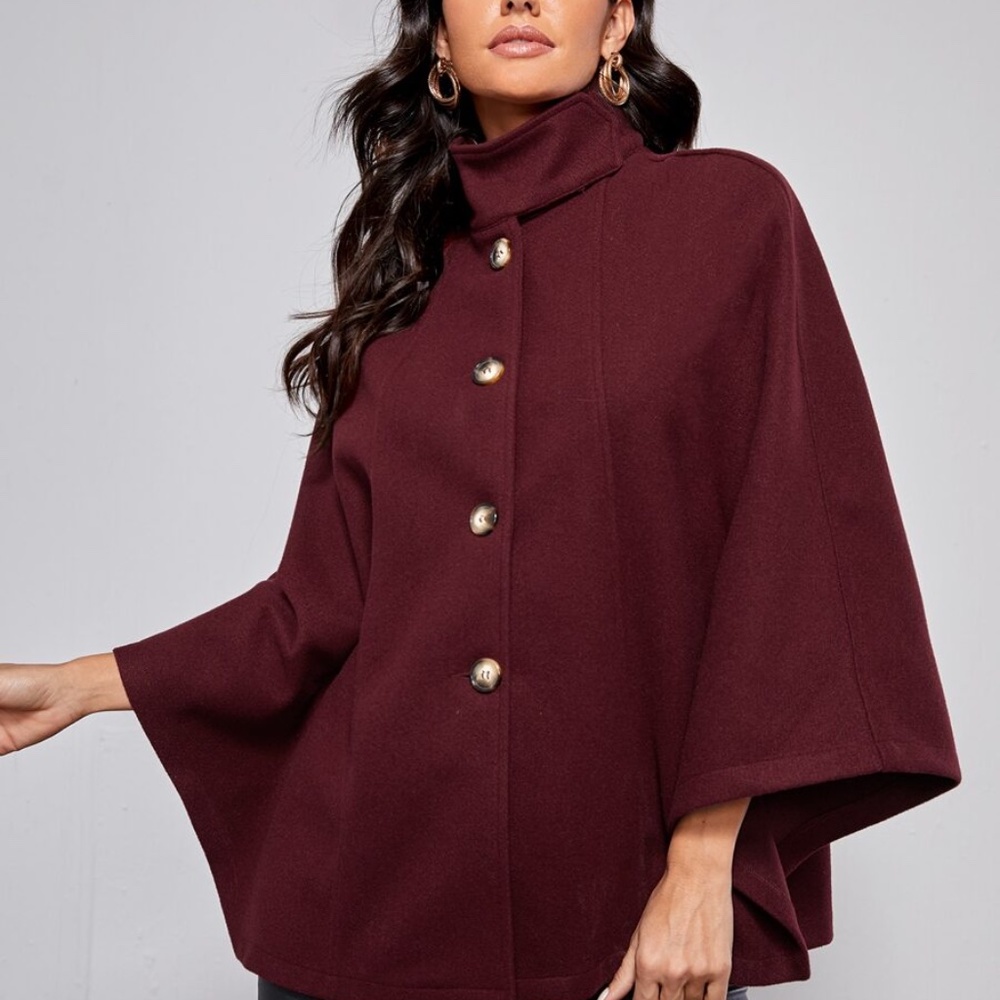 mock neck button cape pea coat cloak sleeve wine - Picture 1 of 10